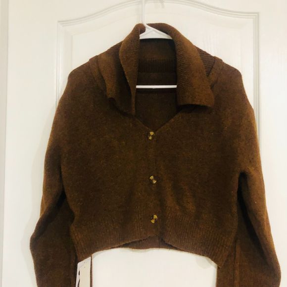 Commense Women's Cropped Cardigan Collared Sweater Long Sleeve Brown Size XL - Picture 3 of 9